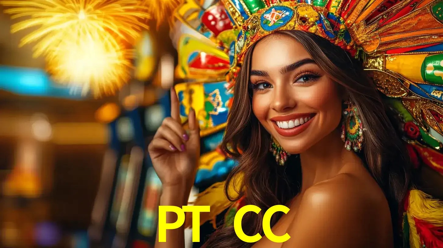 Mulher sorridente com um cocar de carnaval vibrante e colorido, celebrando uma grande vitória nos jogos do cassino PT CC com fogos de artifício ao fundo.