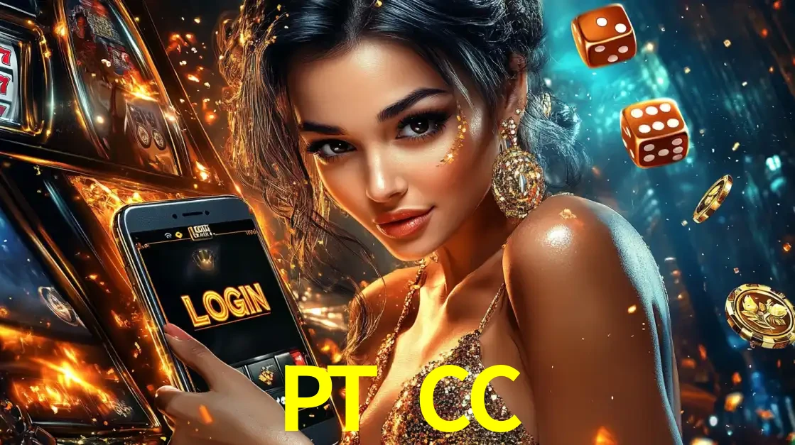 Mulher glamourosa segurando um celular com a tela de login do cassino PT CC, rodeada por dados e moedas douradas, pronta para começar a diversão.
