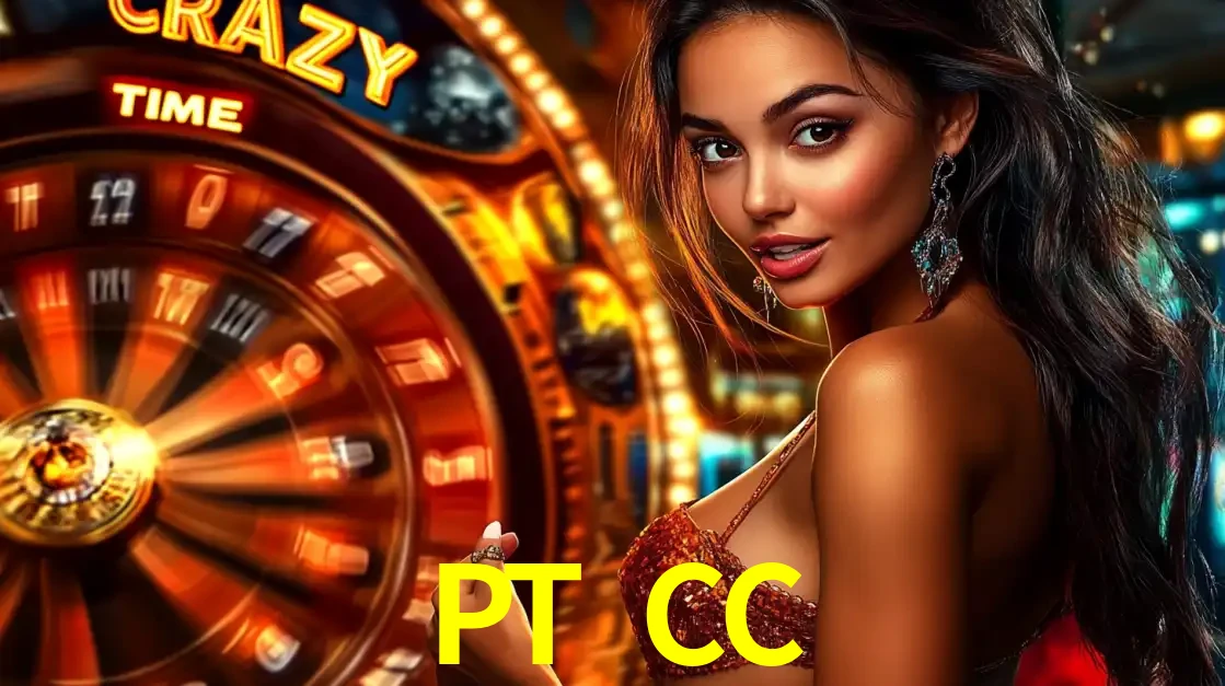 Mulher ao lado da roda de prêmios do jogo de cassino ao vivo Crazy Time, um dos shows de jogos mais emocionantes oferecidos pela plataforma de apostas PT CC.