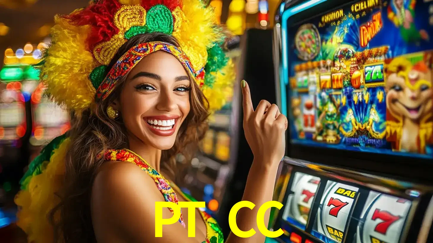 Mulher animada com um cocar de carnaval apontando para uma máquina de caça-níqueis, mostrando a emoção de ganhar um grande prêmio nos jogos do PT CC.