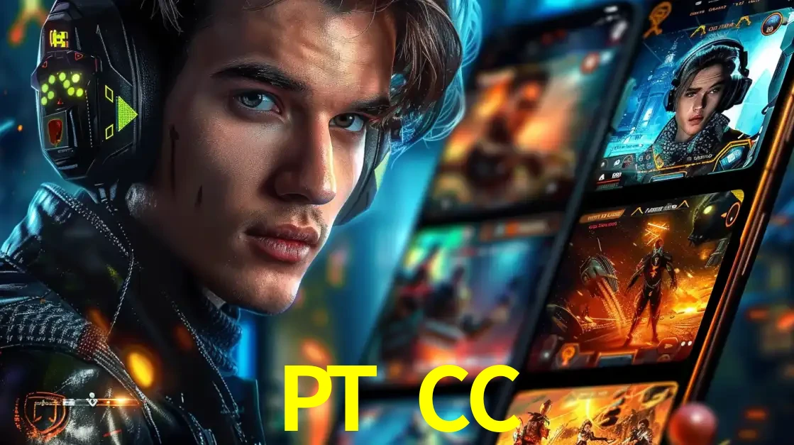 Jovem jogador com fones de ouvido olhando para a câmera, com um aplicativo de jogos e e-sports para celular ao fundo, pronto para a competição e apostas no PT CC.