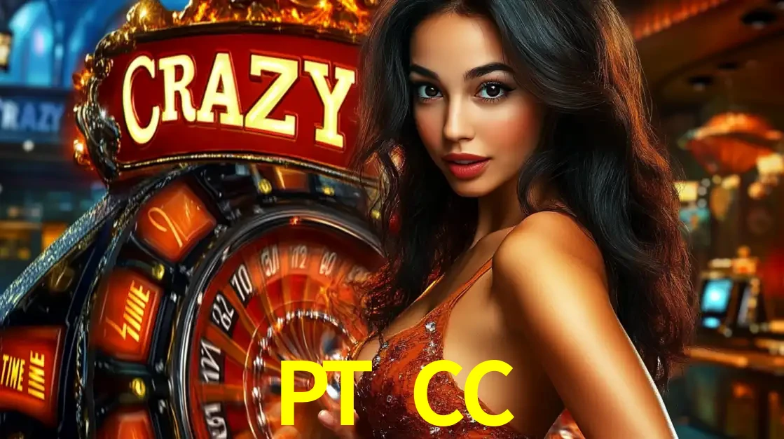 Mulher glamourosa olhando para a câmera com a roda vermelha do Crazy Time ao fundo em um ambiente de cassino, destacando a emoção dos jogos ao vivo no PT CC.