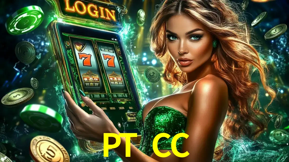 Mulher com tema verde apresentando o aplicativo do cassino PT CC com um jogo de slot de 777, cercada por fichas de cassino e uma aura de sorte.