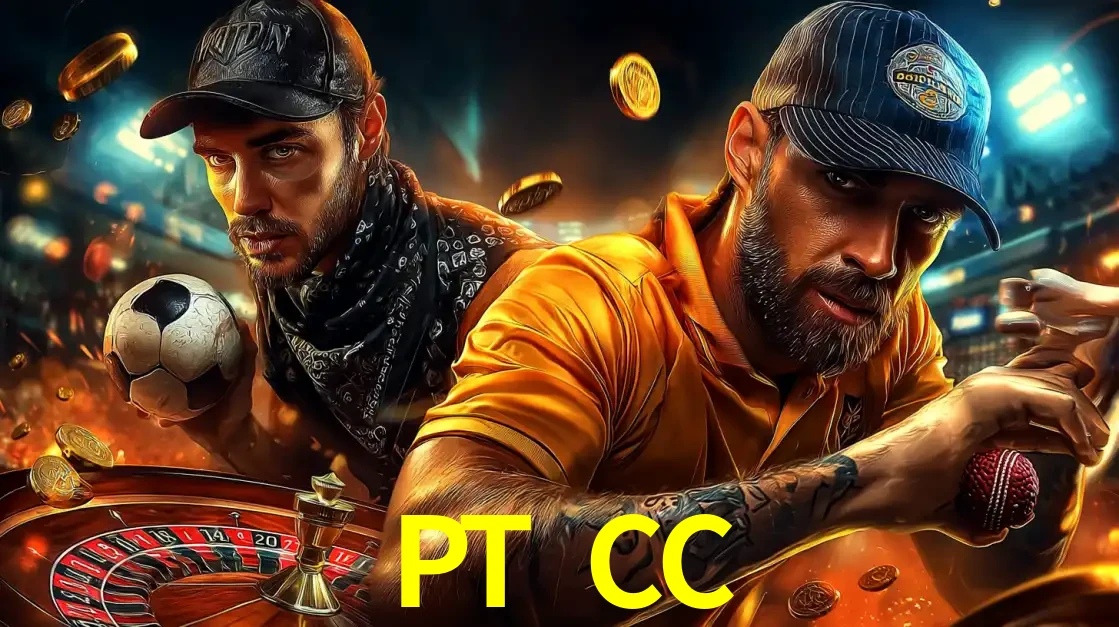 Montagem de apostas esportivas e cassino no PT CC, com um homem segurando uma bola de futebol e outro uma de beisebol sobre uma roleta e moedas voadoras.