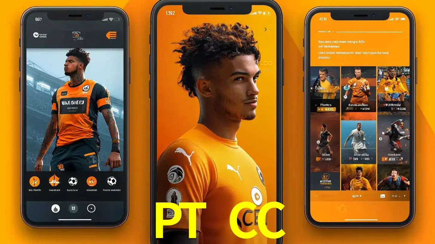 Interface do aplicativo de apostas esportivas PT CC em três telas de celular, mostrando o perfil de um jogador de futebol e a lista de jogos disponíveis para apostar.