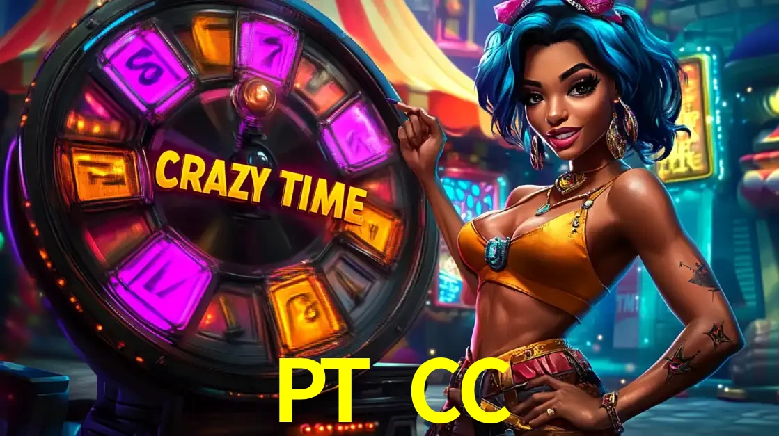 Mulher estilizada com cabelo azul e visual vibrante posando ao lado da roda de prêmios do game show Crazy Time, convidando para a diversão e os bônus do cassino PT CC.