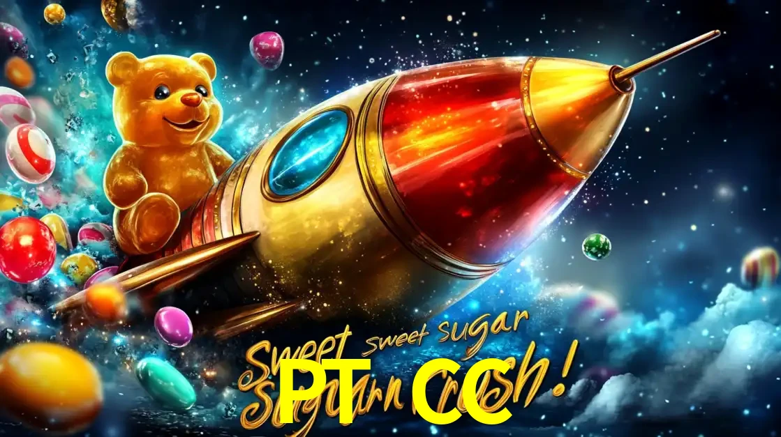Arte promocional do jogo de slot Sugar Rush, com um urso de pelúcia em um foguete viajando pelo espaço de doces, um dos jogos divertidos disponíveis no cassino PT CC.