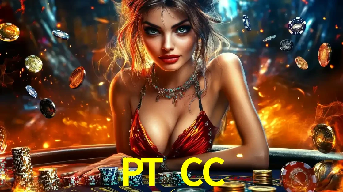 Mulher em uma mesa de cassino com pilhas de fichas e um fundo de fogo, pronta para uma rodada de altas apostas nos jogos de mesa emocionantes do cassino PT CC.