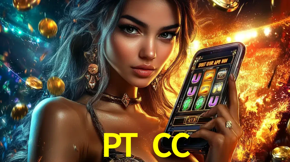 Mulher elegante mostrando um jogo de caça-níqueis em seu smartphone, destacando a experiência de cassino móvel oferecida pelo aplicativo PT CC.