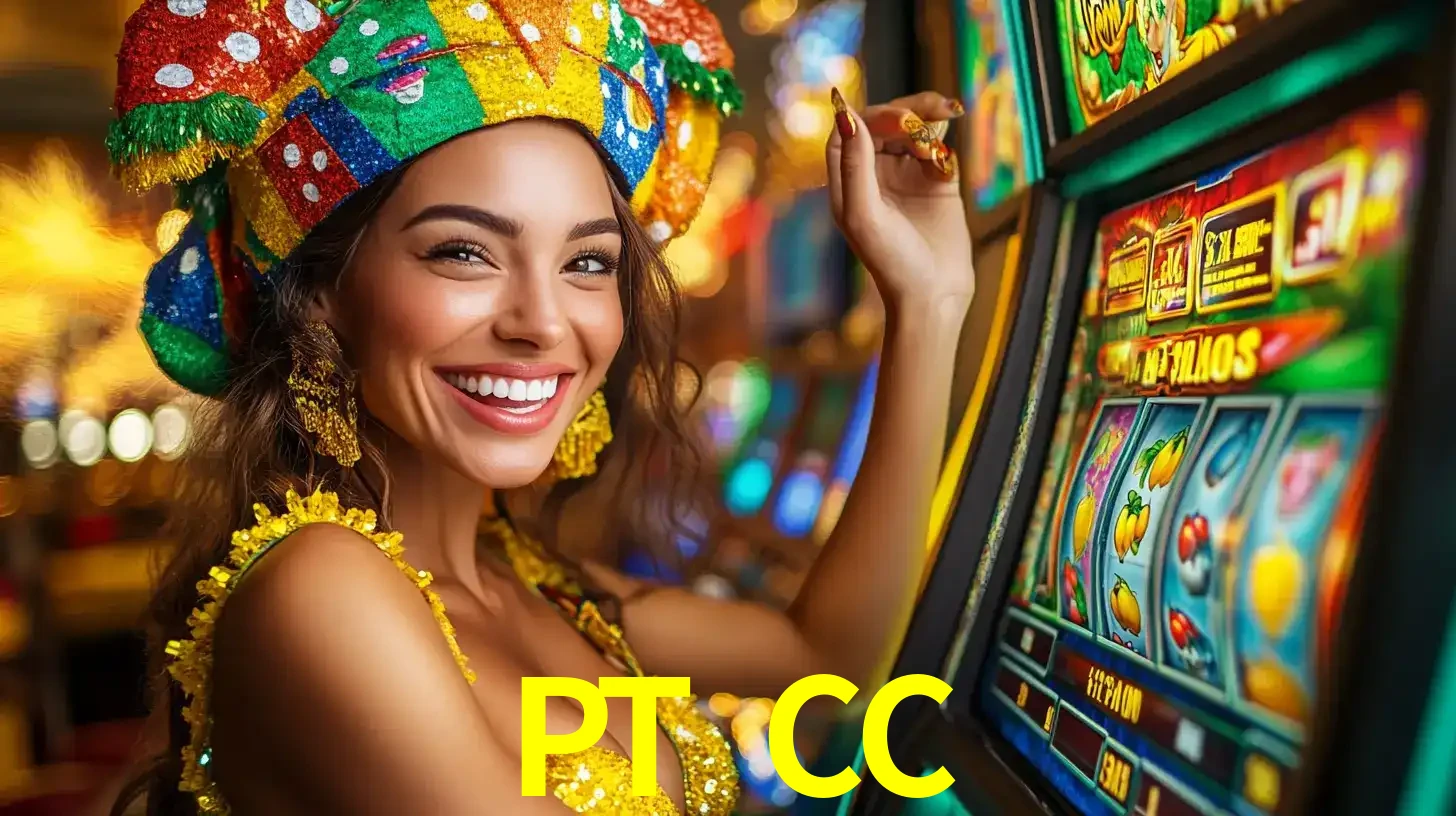 Mulher feliz com traje de carnaval amarelo e colorido ao lado de uma máquina de caça-níqueis, aproveitando a diversão e os jogos temáticos do cassino PT CC.