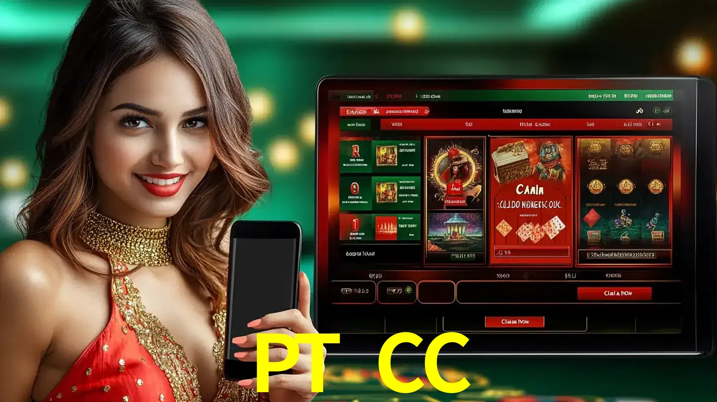 Mulher sorridente segurando um smartphone, ao lado de uma tela exibindo o lobby de jogos do cassino online PT CC, com várias opções de jogos de cartas e slots.